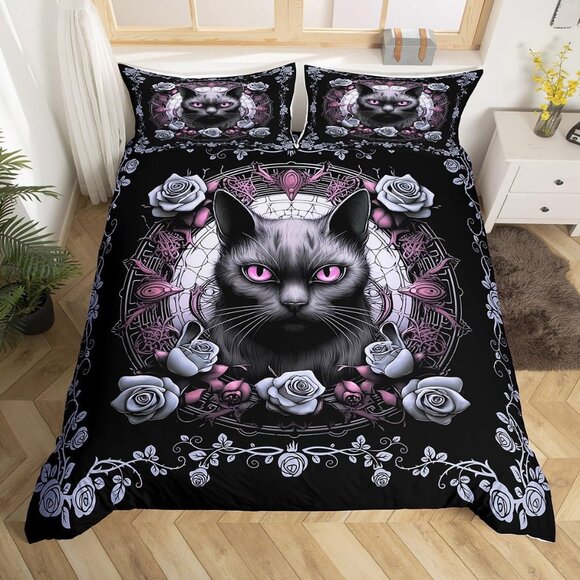Gothic Cat Duvet Cover Set Twin SizeRose Flower Bedding Set 2PcsHalloween Them